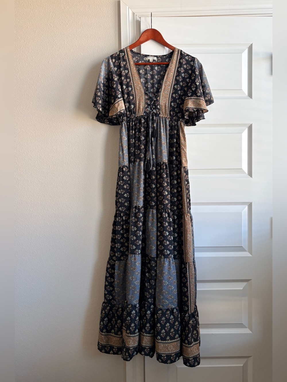 Earthbound Trading Co Boho Floral Patchwork black Maxi Dress S